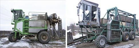 Left: This sprayer has a tank large enough to cover 50 acres, and has a mower. Right: This bin transporter loads and unloads bins automatically.