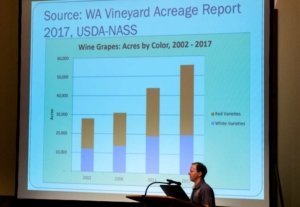Trent Ball, Yakima Valley College, shows the growth in wine grapes harvested in Washington nears 60,000 acres during the Washington Grape Society meeting in Grandview, Washington, on November 17, 2017. (TJ Mullinax/Good Fruit Grower)