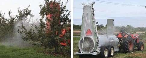 Left: An adjustable air outlet keeps the spray cloud in the trees. Right: Ultra sonic sensors determine absence,  presence, or height 