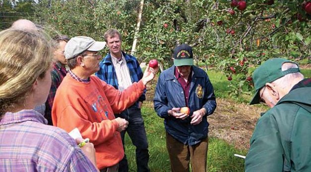 John Bunker examines an apple  at the Sandy River Orchard, Mercer, Maine, with 90-year-old Francis Fenton, owner (in blue).
