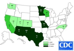The locations of people who were infected with Listeria monocytogenes as of February 15, 2015, by consuming prepackaged caramel apples made by Bidart Bros. Apples. (Courtesy the Centers for Disease Control and Prevention)