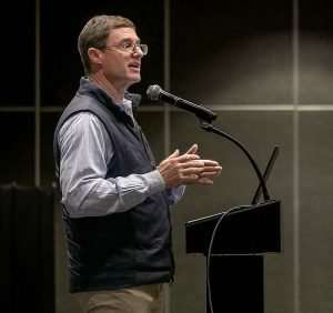 Walt Duflock of Western Growers, speaking at the annual Cherry Institute in January in Yakima, Washington, said California is losing acreage, and ag tech will follow. He considers it a cautionary tale for Washington. (TJ Mullinax/Good Fruit Grower)