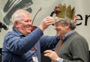 Dennis Jones crowns Dalles, Oregon grower, Bob Bailey of Orchard View Farms as the 2017 Cherry King on January 20 at the Cherry Institute in Yakima, Washington. Jones was the 2016 Cherry King honoree. (TJ Mullinax/Good Fruit Grower)