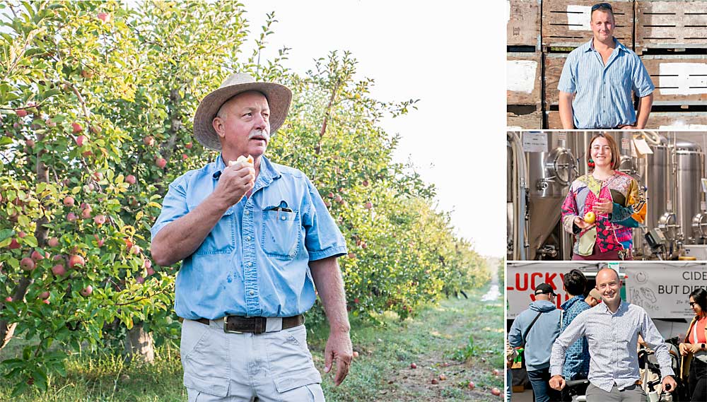 To keep their Ripon, California, farm in the family, third-generation grower Steve Chinchiolo, left, and his three adult children have diversified their business. From top to bottom at right, Alex at the family farm he helps manage, Andrea at the family’s cidery in Richmond, and Adam in front of the family’s stall at the iconic Ferry Plaza Farmers Market in San Francisco. (Photos by TJ Mullinax/Good Fruit Grower)