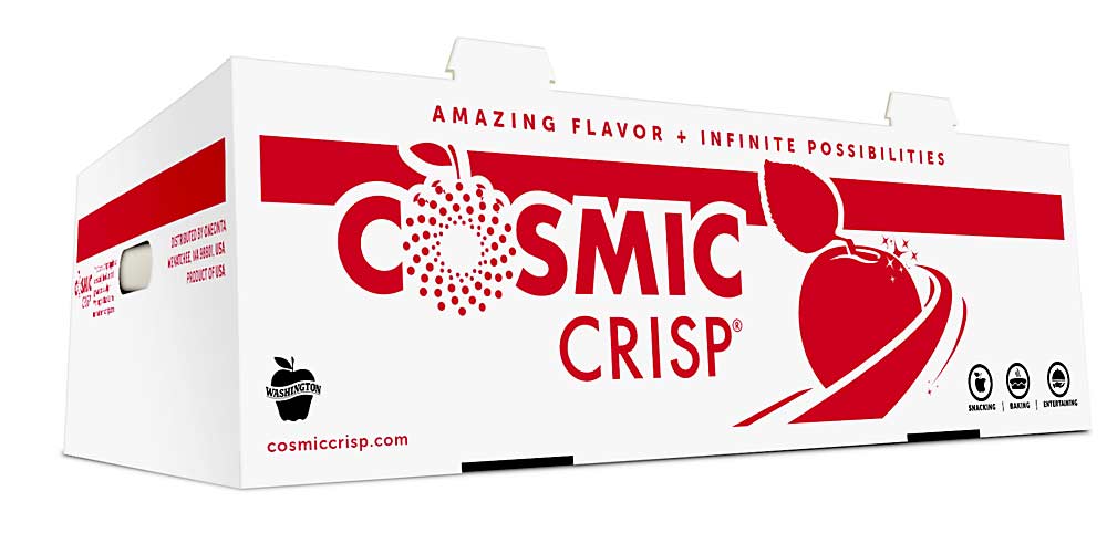 This two-color Cosmic Crisp box will be used for bulk sales. (Courtesy Proprietary Variety Management)