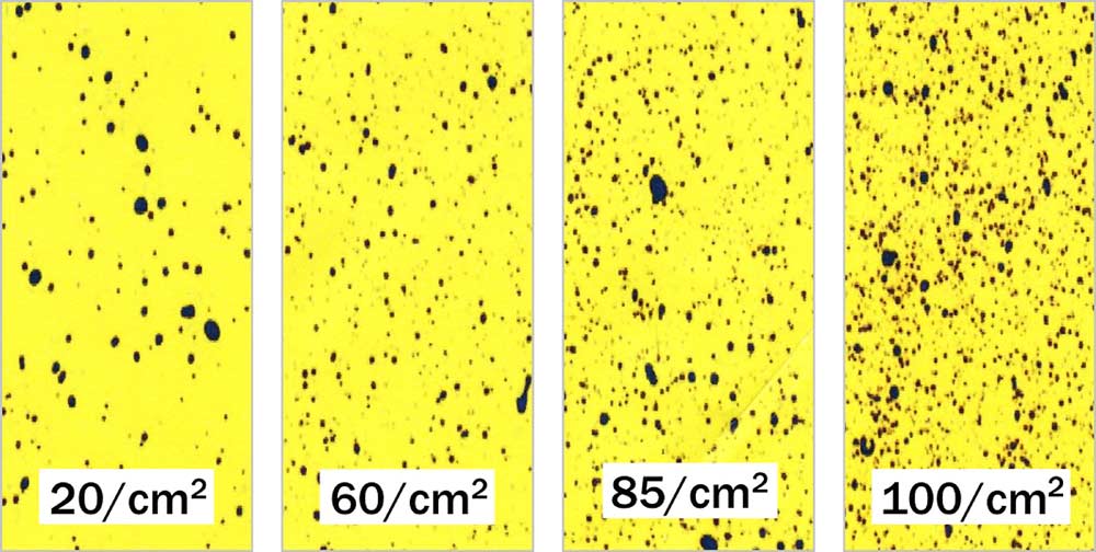 Water-sensitive paper clearly shows whether sprays are reaching every part of the tree. For foliar insecticide/fungicide applications, a reasonable coverage threshold is an even distribution of 85 drops per square centimeter and an overall coverage of about 15 percent. Deveau noted that this “ideal” does not include plant growth modifiers (e.g., stop-drops or thinners) or applications intended to drench the bark.  <b>(Courtesy Sprayers101.com)</b>