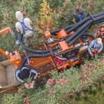 Arial view of the Bandit Cyclone vacuum harvester in an apple orchard during harvest