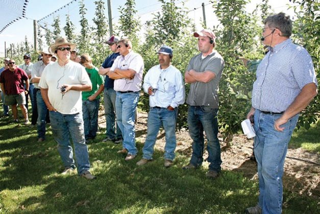 Growers visited the Honeycrisp orchard of Mike Robinson (right) in June and will have the opportunity to return near harvest to see the impacts of various growing practices. 