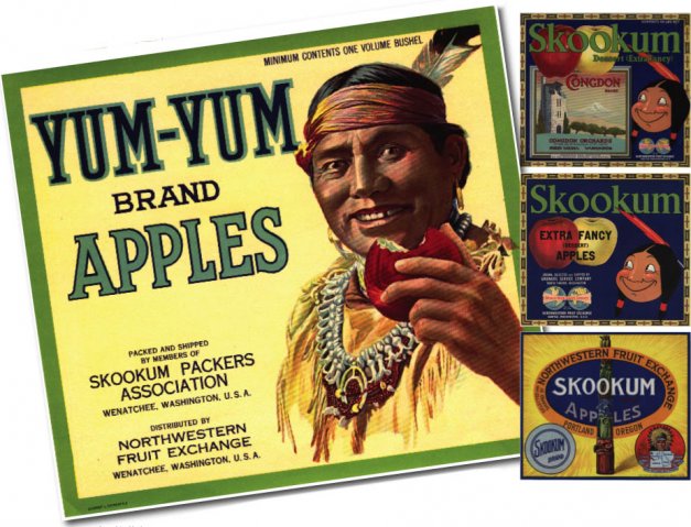 Capitalizing on Native American images to sell fruit, Skookum  and Yum-Yum labels were developed in competing regions of Washington State.