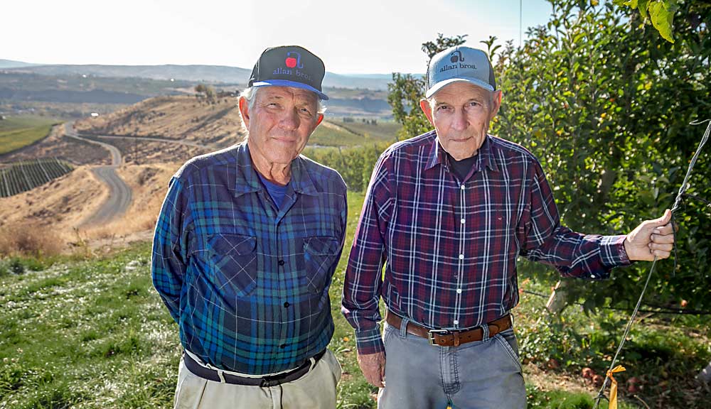 “When my brother George and I started, our big question was whether to do four rows of Reds to two rows of Goldens, or four rows of Reds to one row of Goldens. It’s 100 times more complex now than it was when I was getting started.” —Dave Allan, left, with his brother, George Allan, the 2000 Good Fruit Growers of the Year, in Naches, Washington. (TJ Mullinax/Good Fruit Grower)