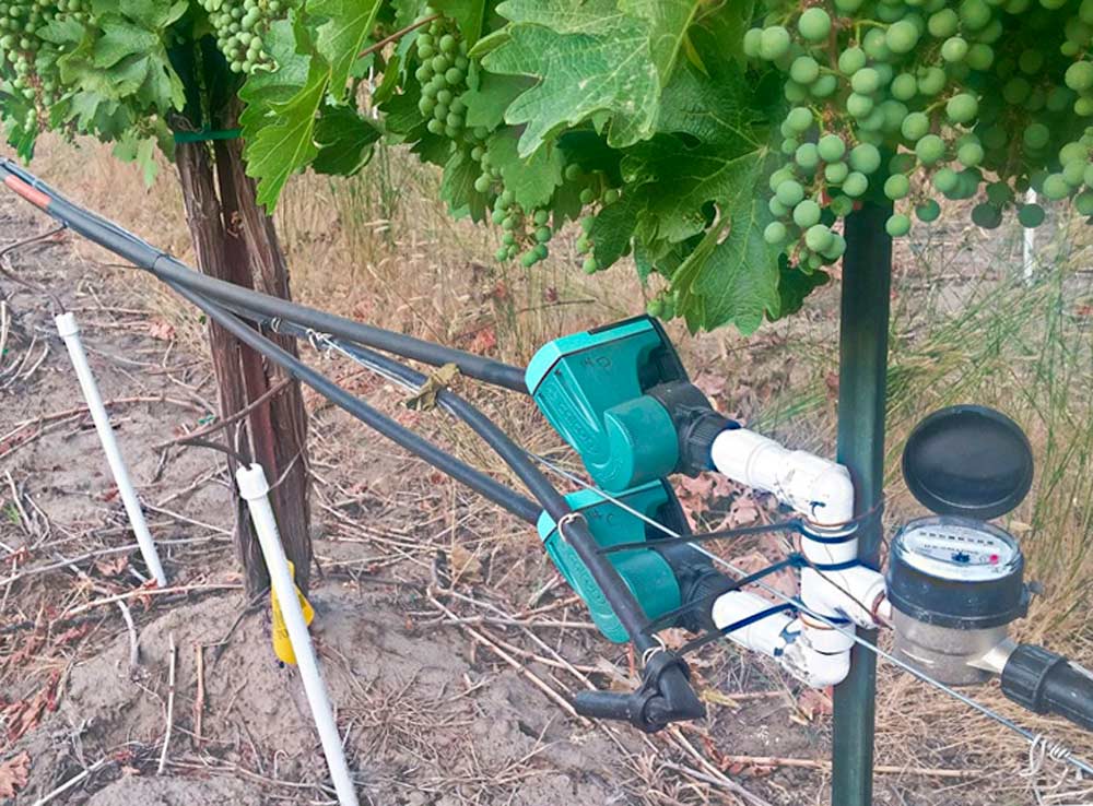 These electronic controllers meter water directly to the root zone as part of an irrigation experiment designed to see how little water can sustain vines in a Cabernet Sauvignon block at Kiona Vineyards in Washington’s Red Mountain AVA. <b>(Courtesy Pete Jacoby)</b>