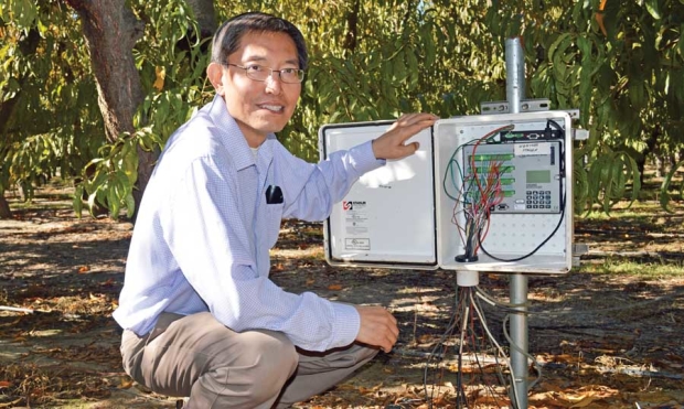 Dong Wang, research leader with the San Joaquin Valley Agricultural Sciences Center’s Water Management Unit, shows a data logger used to record information from soil moisture sensors placed at various depths. <b>(Vicky Boyd/for Good Fruit Grower)</b>