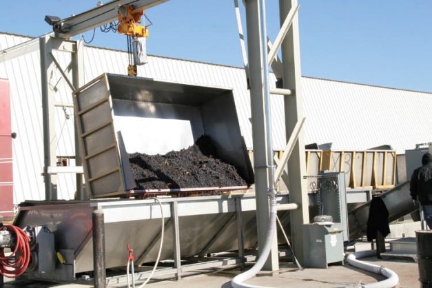 Pinot Grigio grapes are being crushed. White and red grapes are received and crushed in separate areas at J & S Crushing.