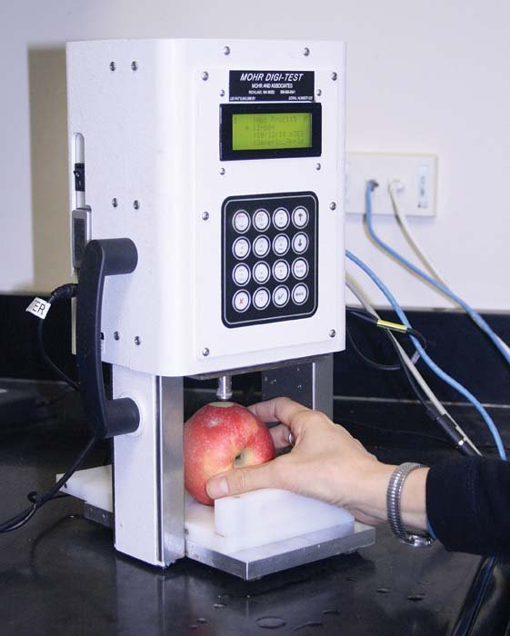 The Digi-Test is a new instrument for assessing the internal quality of apples. It probes deeper into the fruit than the standard Magness-Taylor firmness tester. 