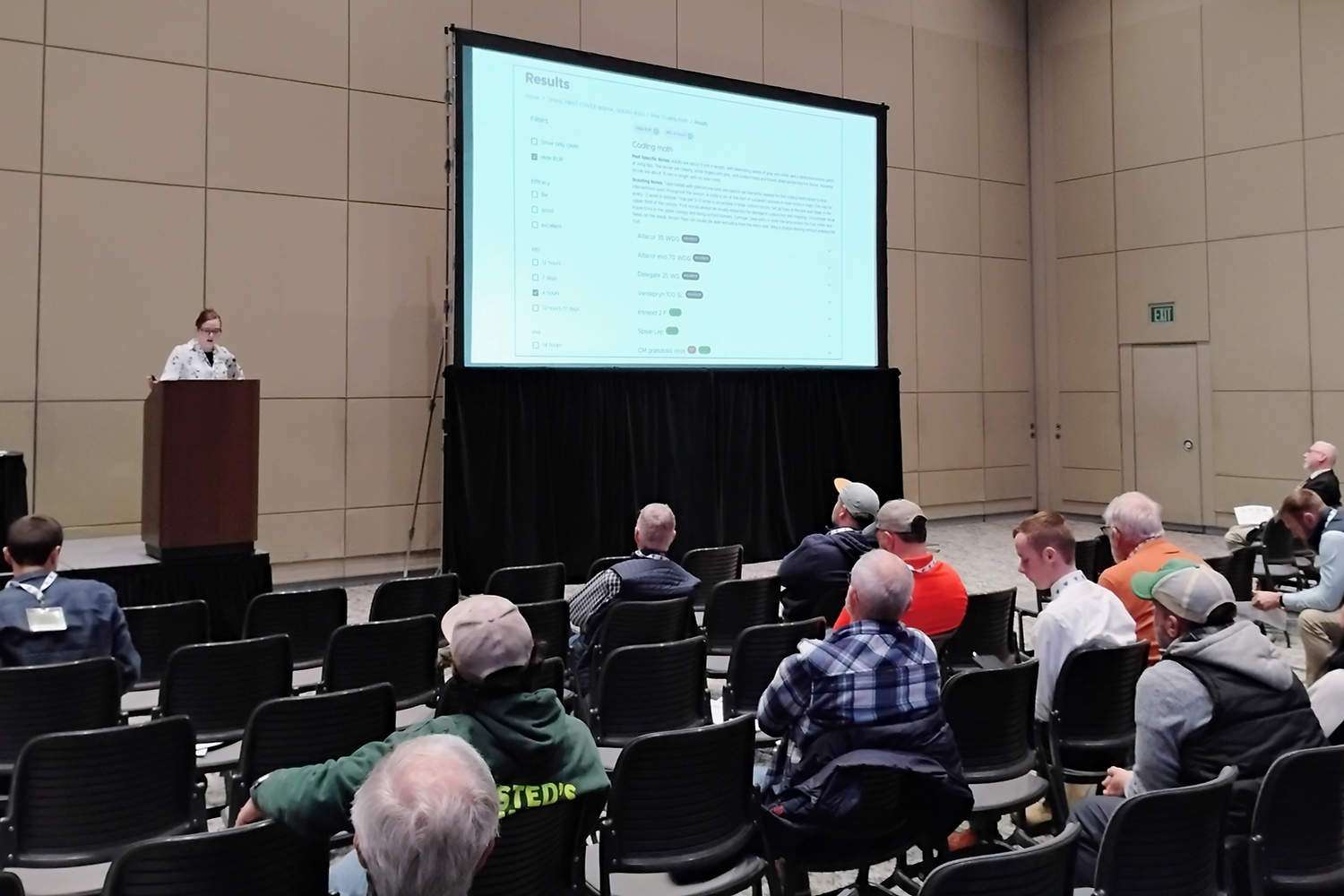 Michigan State University tree fruit integrator Jackie Perkins discusses the shifting climate and its implications for pest control during Day 1 of the 2025 Great Lakes EXPO, Dec. 9–11 in Grand Rapids. She spoke during the Apple 1 educational session. (Matt Milkovich/Good Fruit Grower)