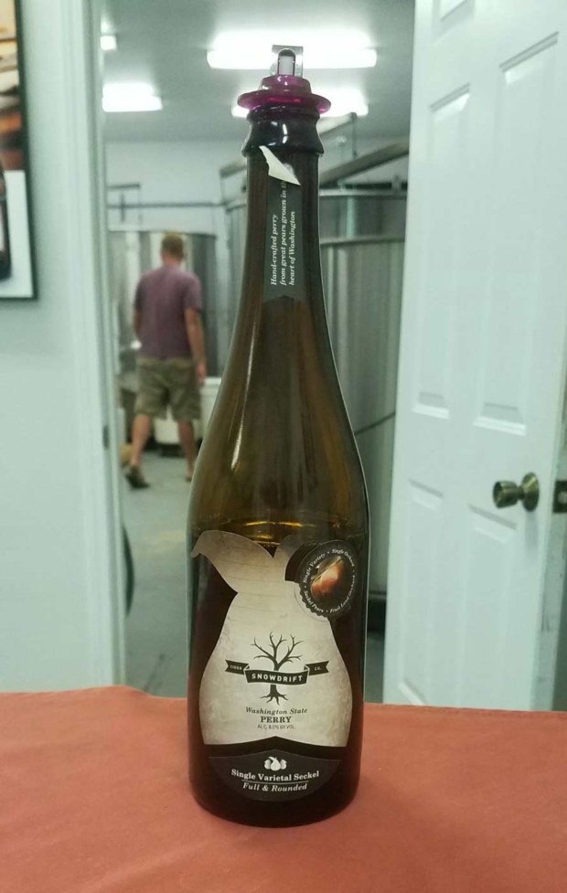 Bottle of perry bottled in Wenatchee area. Most Pacific NW perry makers produce the beverage with their own pears, at their own cideries. (Photo courtesy of Washington State University)