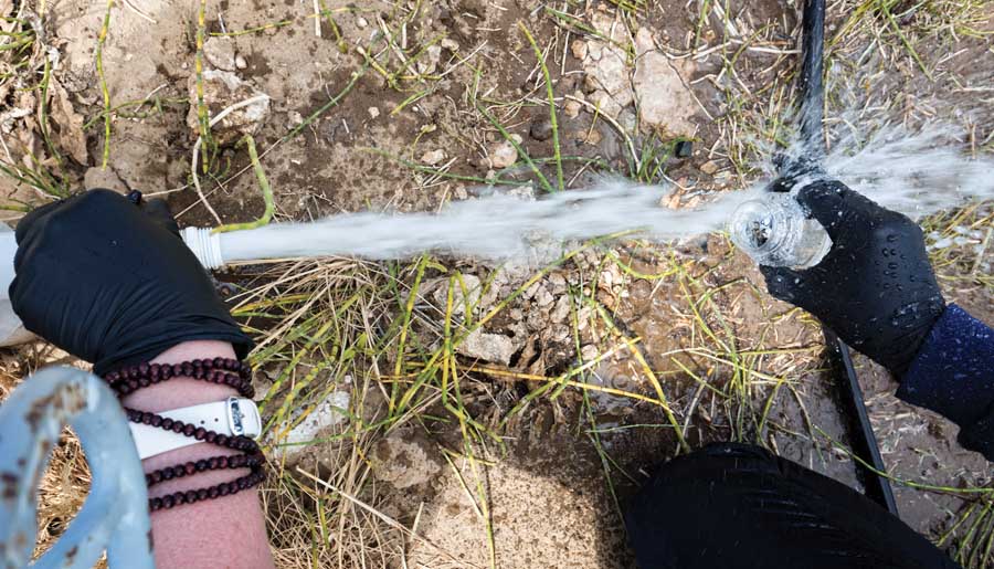 Jennifer Chase of the University of California-Davis recommends holding containers away from equipment to prevent contaminants from entering the bottle or bag, during a demonstration in Selah, Wash., on May 20, 2016. <b>(TJ Mullinax/Good Fruit Grower)</b>