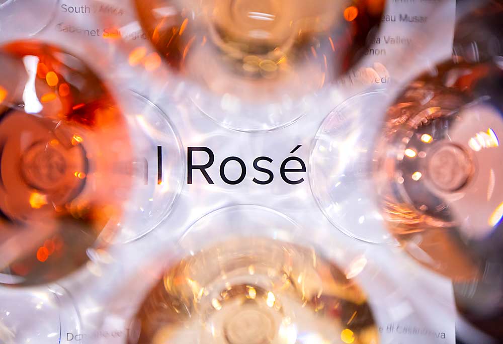 With the rosé market continuing to grow in the U.S., vineyards and wineries are taking notice by putting in more vines to meet consumer demand for the pink wine. Here, several varieties such as Sangiovese, Grenache, Cinsault and Cabernet Sauvignon show their colors during an “Intentional Rosé” tasting during the 2019 Washington Winegrowers Association convention in February in Kennewick, Washington. (TJ Mullinax/Good Fruit Grower)