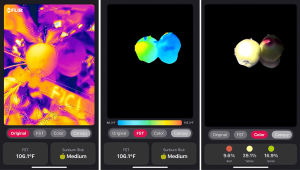 From a single image such as this one, at left, of a Honeycrisp taken in July 2022, the app will measure fruit surface temperature, center, and fruit color development, right. (Courtesy Nipun Thennakoon/Washington State University)