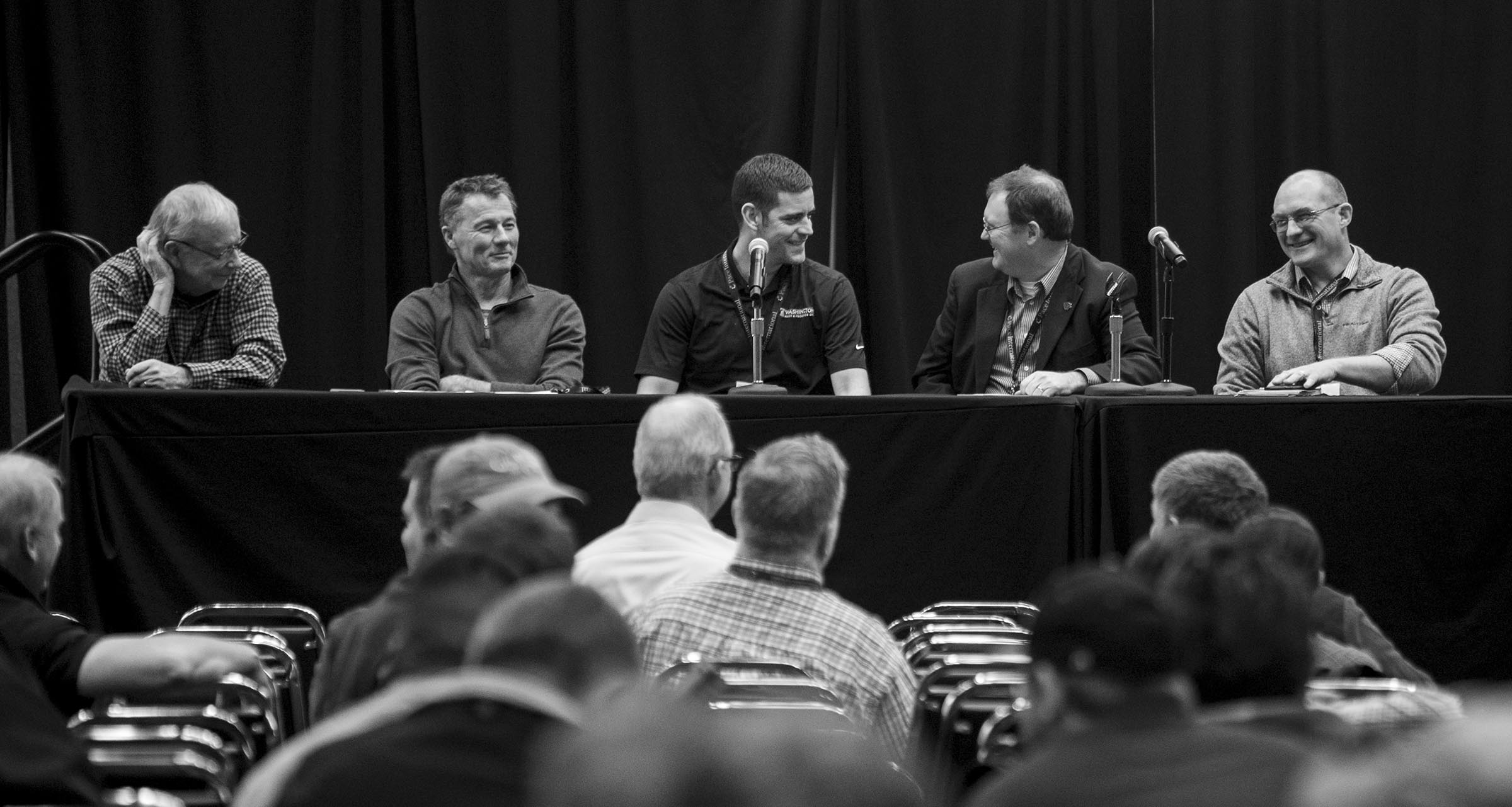 The final day two panel covering harvest management shares a laugh at the conclusion of their talk during the Washington State Tree Fruit Association's annual meeting on Tuesday, December 4, 2018, at the Yakima Convention Center in Yakima, Washington. <b>(TJ Mullinax/Good Fruit Grower)</b>