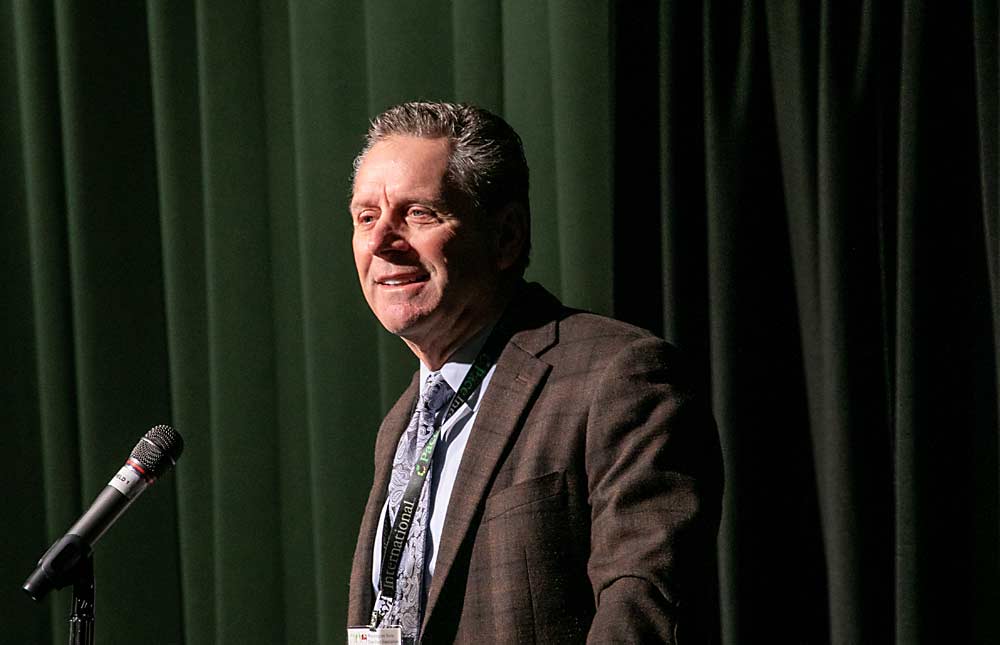 Seattle Seahawks hall of fame receiver Steve Largent flew in from his home state of Oklahoma to talk about leadership at this year's Washington State Tree Fruit Association Annual Meeting in Wenatchee. (TJ Mullinax/Good Fruit Grower)