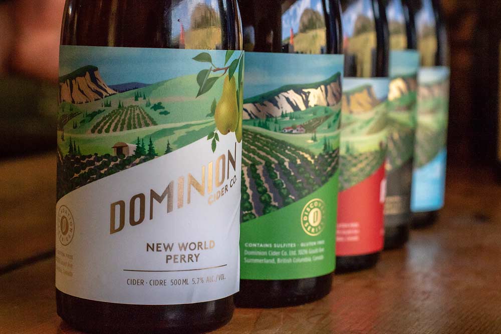 A selection of Dominion Cider Company's hard cider that utilizes traditional cider fruit varieties and some desert apple varieties, along with some experimental flavorings such as rhubarb at their Summerland, British Columbia, tasting room on July 19, 2018. (TJ Mullinax/Good Fruit Grower)