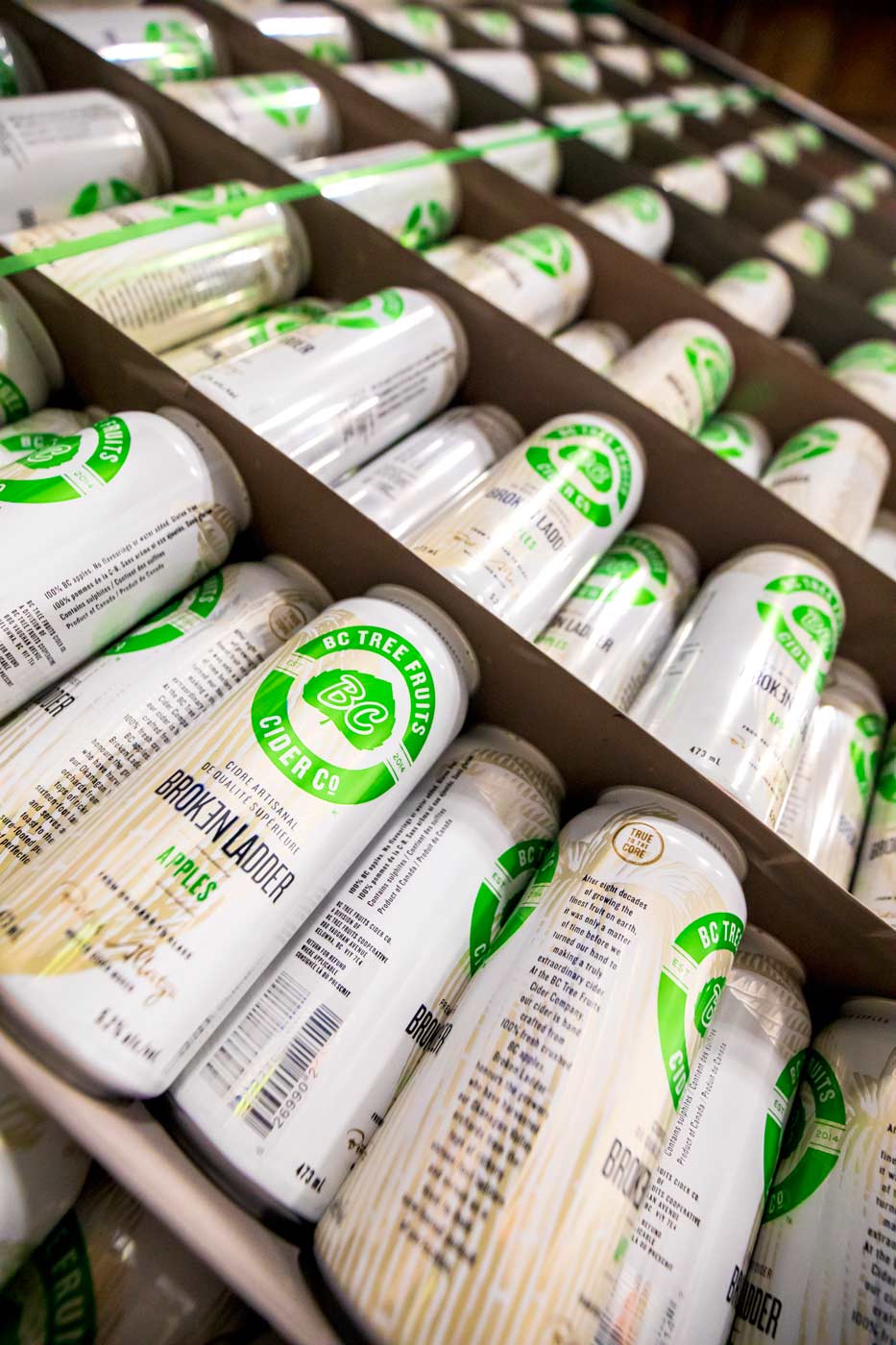 BC Tree Fruits' Broken Ladder "Apples" branded cider, which exclusively uses desert apple and pear varieties that otherwise would be cull fruit at their downtown Kelowna, British Columbia, facility on July 20, 2018. (TJ Mullinax/Good Fruit Grower)