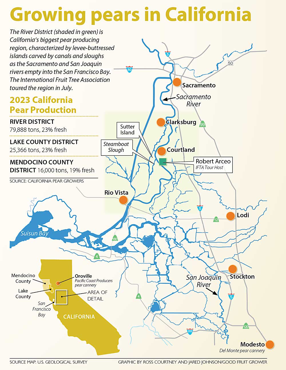 A map showing California's largest pear production area, known as the River District, along the Sacramento and San Joaquin rivers in Central California. (Source map: U.S. Geological Survey; Graphic: Ross Courtney and Jared Johnson/Good Fruit Grower)