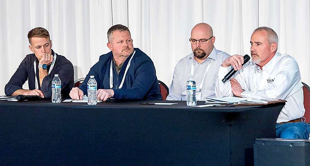 Growing uncertainty for tree fruit producers From left, growers Joel Crist, Patrick Dorsing, Justin Finkler and Chalmers Carr discuss economic decision-making during the International Fruit Tree Association’s winter conference in Rochester, New York, in February. (Matt Milkovich/Good Fruit Grower)