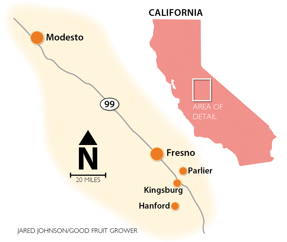 A map showing where the International Fruit Tree Association toured Central California’s fresh stone fruit orchards in July. (Graphic: Jared Johnson/Good Fruit Grower)