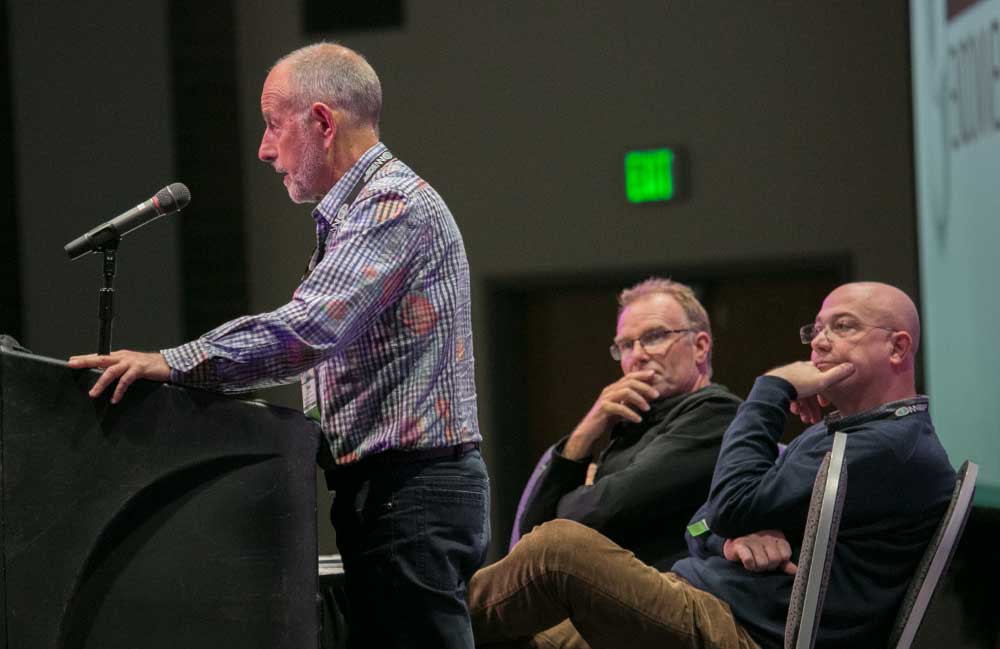 Stuart Tustin, left, Craig Hornblow and Stefano Musacchi during their day two panel covering tree architecture on February 21, 2017. <b>(TJ Mullinax/Good Fruit Grower)</b>