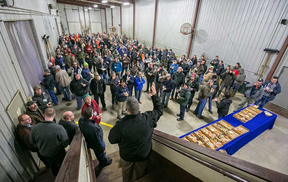 Willow Drive Nursery’s Jim Adams greets the 2017 IFTA attendees to their Ephrata tree and rootstock processing facility.<b> (TJ Mullinax/Good Fruit Grower)</b>