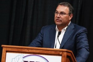Greg Livengood, Ciatti Co. Global grape broker, leads off the Washington Association of Wine Grape Growers state of the industry session on Wednesday, January 10, 2016 at the Toyota Center in Kennewick, Washington. (TJ Mullinax/Good Fruit Grower)