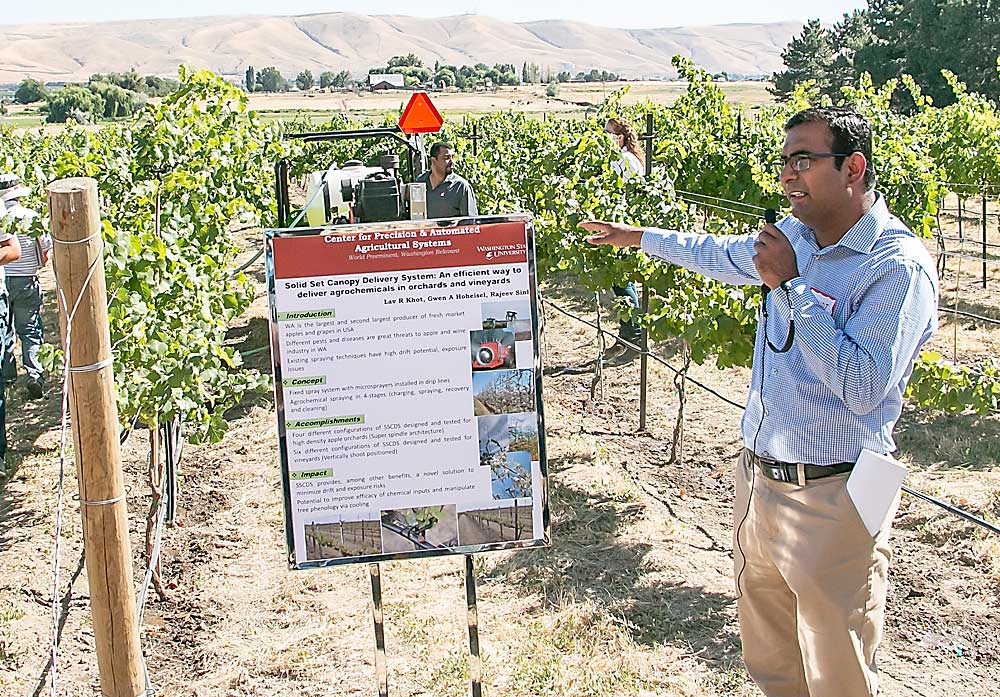 Lav Khot, a biological systems professor at Washington State University, leads a tour at the university’s Center for Precision and Automated Agriculture Systems in Prosser, Washington, in 2017. Khot and a team of collaborators have received a $300,000 New Innovator grant from the Foundation for Food and Agriculture Research to explore ways to reduce pesticide residues. (Ross Courtney/Good Fruit Grower)