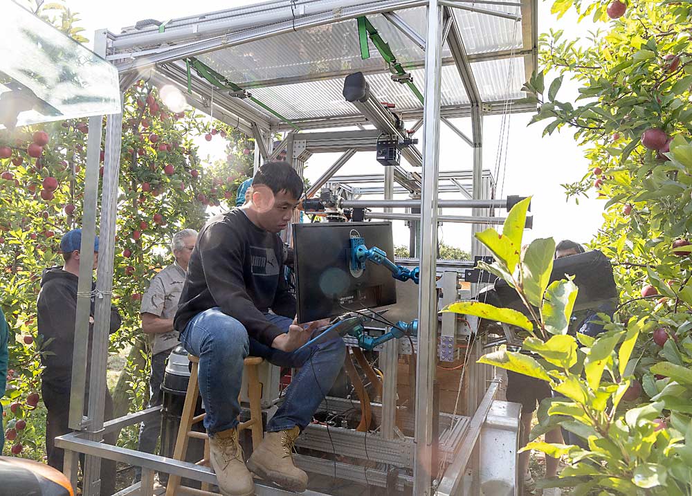 Michigan State University graduate student Keyi Zhu adjusts the platform’s height and displacement during the harvester demo. In the next version of the machine, all of the platform’s movements will be fully automated, without the need for human intervention. (Matt Milkovich/Good Fruit Grower)