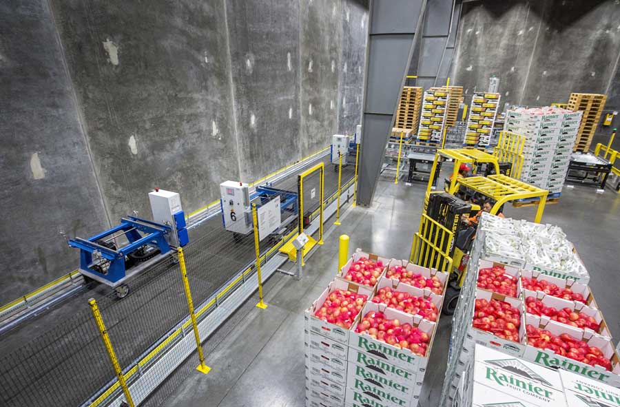 LTW Intralogistics robotic dollies move within a gated section at Matson Fruit’s automated cold storage facility. The dollies store and retrieve pallets for arriving or departing shipments. <b>(TJ Mullinax/Good Fruit Grower)</b>