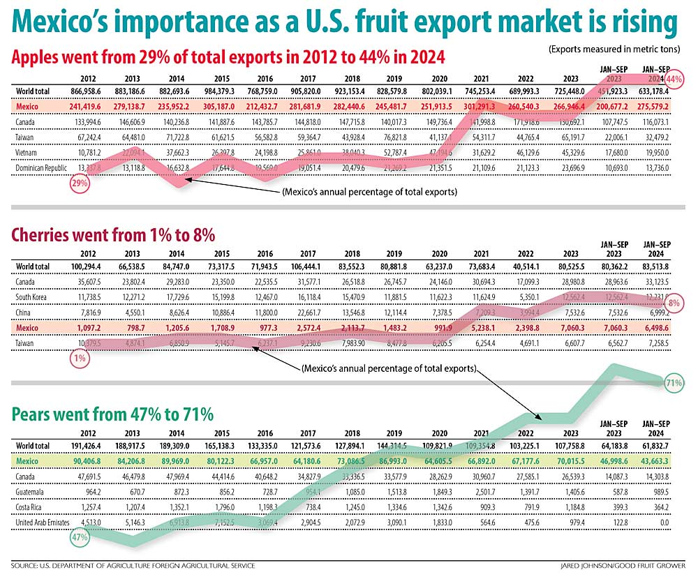 This chart highlights the percentage of U.S. apple, cherries and pears exported to Mexico from 2012 to 2024. (Source: U.S. Department of Agriculture Foreign Agricultural Service; Graphic: Jared Johnson/Good Fruit Grower)