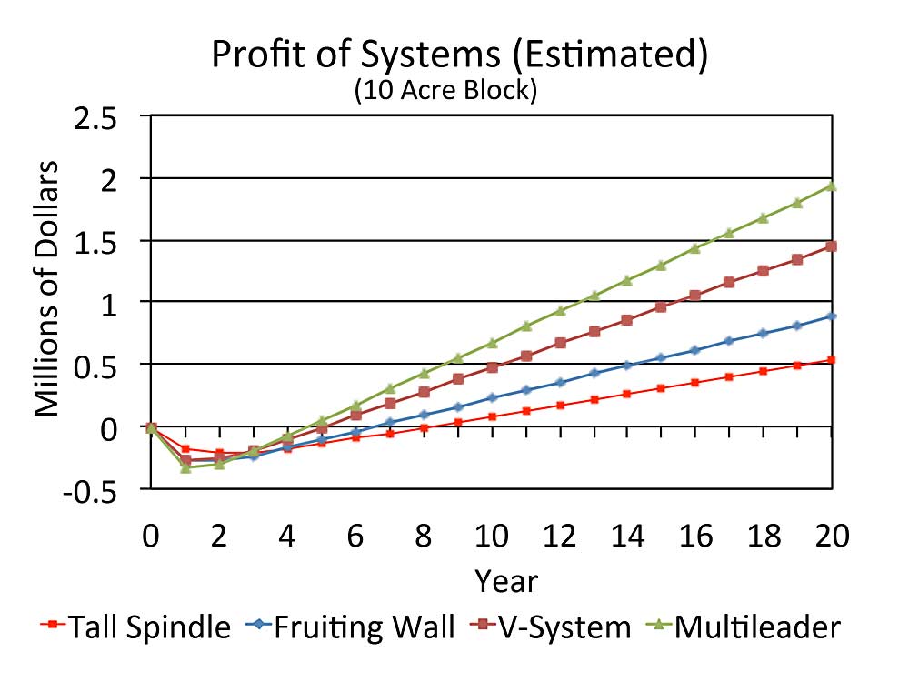 During Phil Schwallier’s presentation at the Great Lakes Fruit, Vegetable and Farm Market Expo in December, he estimated the relationships between systems (shown here) and said the greater densities on two-dimensional plantings produce “the best quality, have the highest return and highest production.”  (Courtesy of Phil Schwallier/Michigan State University)