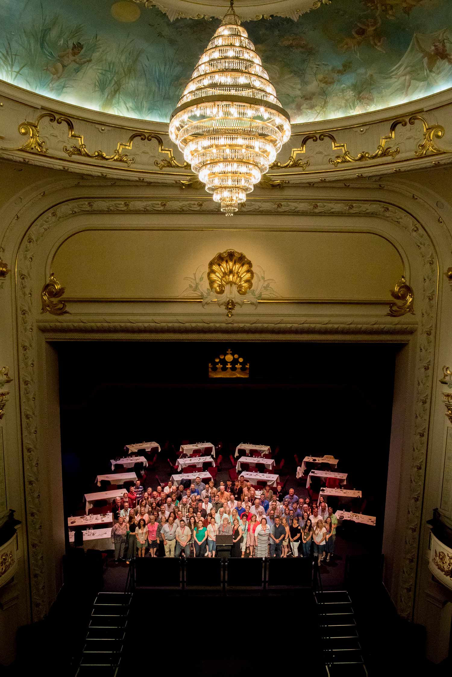 The first group of attendees get the royal treatment kicking off the 2018 International Fruit Tree Association New Zealand Study Tour onstage the Isaac Theatre Royal in Christchurch in February. For many in attendance, the tour is their first time in New Zealand. <b>(TJ Mullinax/Good Fruit Grower)</b>