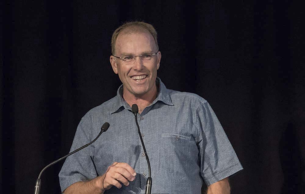 Craig Hornblow accepts one of the IFTA 2018 Industry Service awards during the annual conference.<b> (TJ Mullinax/Good Fruit Grower)</b>
