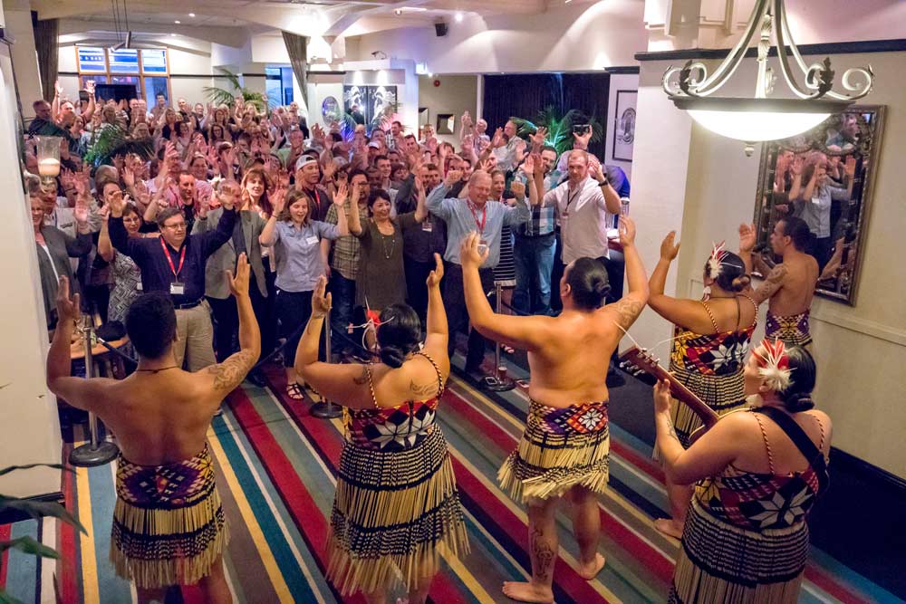 After spending two weeks on the road traveling from the South Island to the North Island of New Zealand, IFTA attendees enjoyed one final night together, dancing and singing with a Māori dance troupe to wrap up an extensive tour of the country. <b>(TJ Mullinax/Good Fruit Grower)</b>