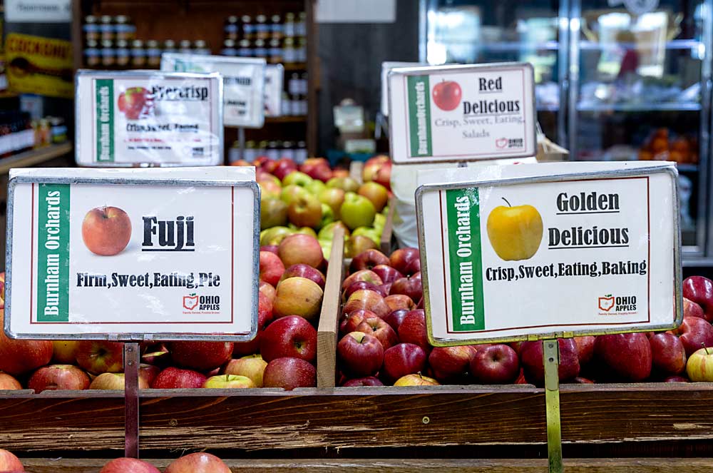 Apples for sale at Burnham Orchards in Ohio. Grower Joe Burnham is trying to sell more apples through direct retail channels to make up for low wholesale prices. (Matt Milkovich/Good Fruit Grower)