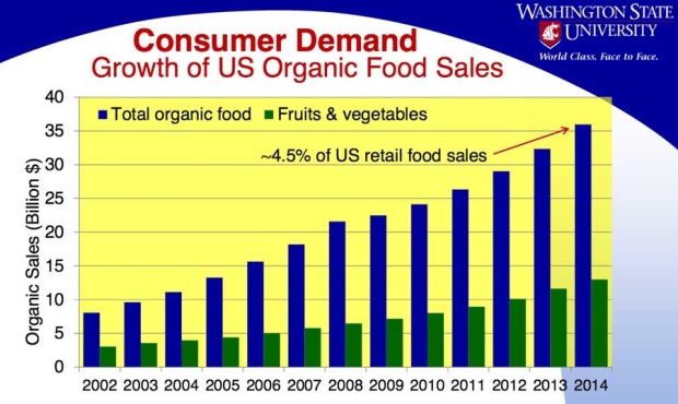 The report states that "Retail organic food sales increased 11.2 percent in 2014. Organic fruits and vegetable sales increased 11.7 percent and were 36 percent of all organic food sales." Source Organic Trade Association, Nutrition Business Journal. <b>(Courtesy Washington State University)</b>