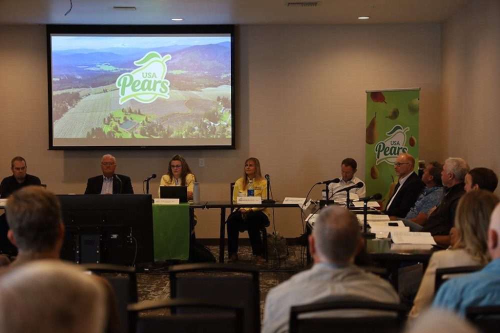 The new USA Pears logo is just the first step in a new approach to pear marketing, targeting younger consumers, that was presented by President CarrieAnn Arias, third from left, during the Pear Bureau Northwest annual meeting on May 19 and 20 in Wenatchee, Washington. (Kate Prengaman/Good Fruit Grower)