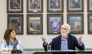 Washington Congressman Dan Newhouse, right, talks with Germaine Etcheverry Newstead of Good Fruit Grower magazine and other tree fruit industry representa-tives in Yakima on May 7, 2026. (TJ Mullinax/Good Fruit Grower)