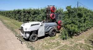 A Prospr sprayer operating in an orchard near Quincy, Washington, in June 2024
