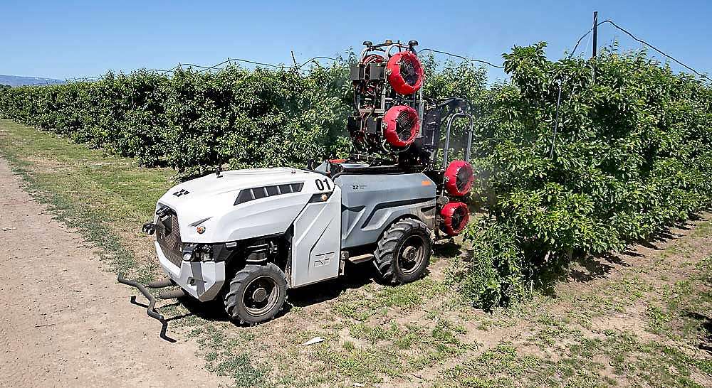 A Prospr sprayer operating in an orchard near Quincy, Washington, in June 2024