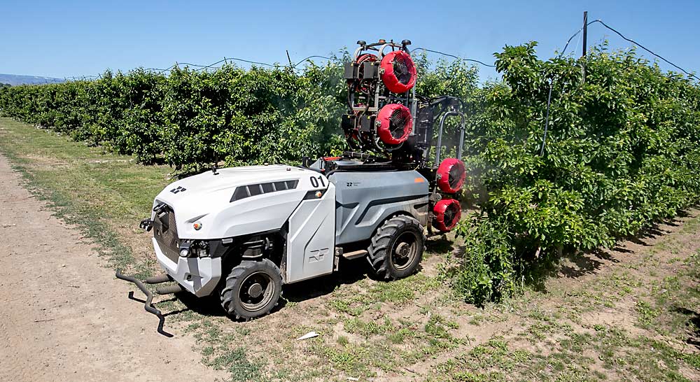 A Prospr finishes a row of calcium application in a Stemilt Growers orchard near Quincy, Washington, in June. With its all-wheel-drive system, the self-driving vehicle can turn from one row to the next. (TJ Mullinax/Good Fruit Grower)