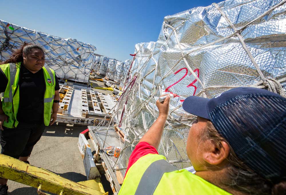 Vilipapa Manu, right, marks a wrapped container of fresh Pacific Northwest cherries as the 23rd of 26 containers to be loaded onto a aircraft heading to China out of the international cargo departures area of SeaTac airport in Seattle, Washington, on July 12, 2017. (TJ Mullinax/Good Fruit Grower)