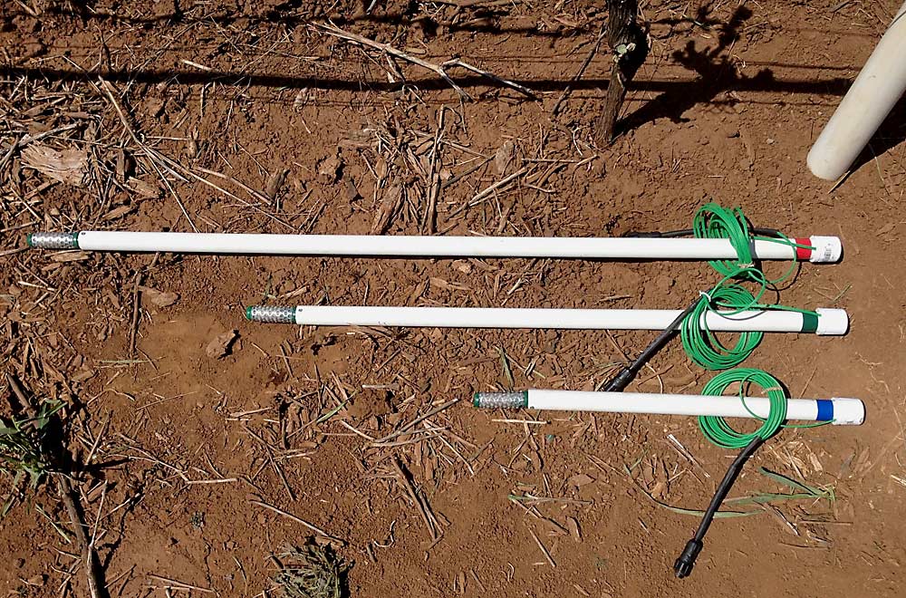 SmartVineyard’s system uses three Watermark sensors, made by Irro-meter, to track how hard vines have to work to pull water from the soil. (Courtesy Alan Campbell)